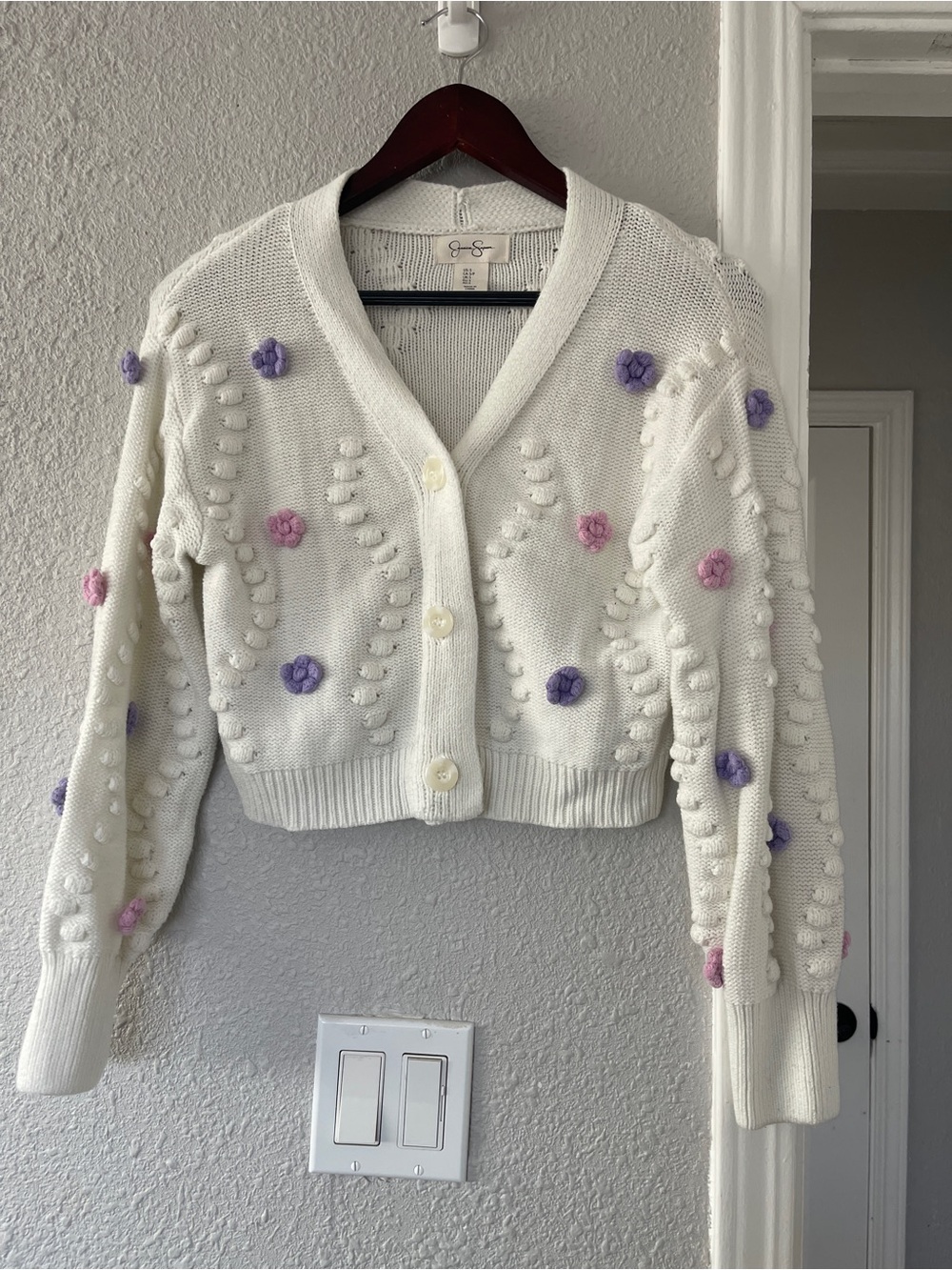 Jessica Simpson White Floral Bobble Knit Cropped Cardigan Sweater Size Small - Picture 2 of 9